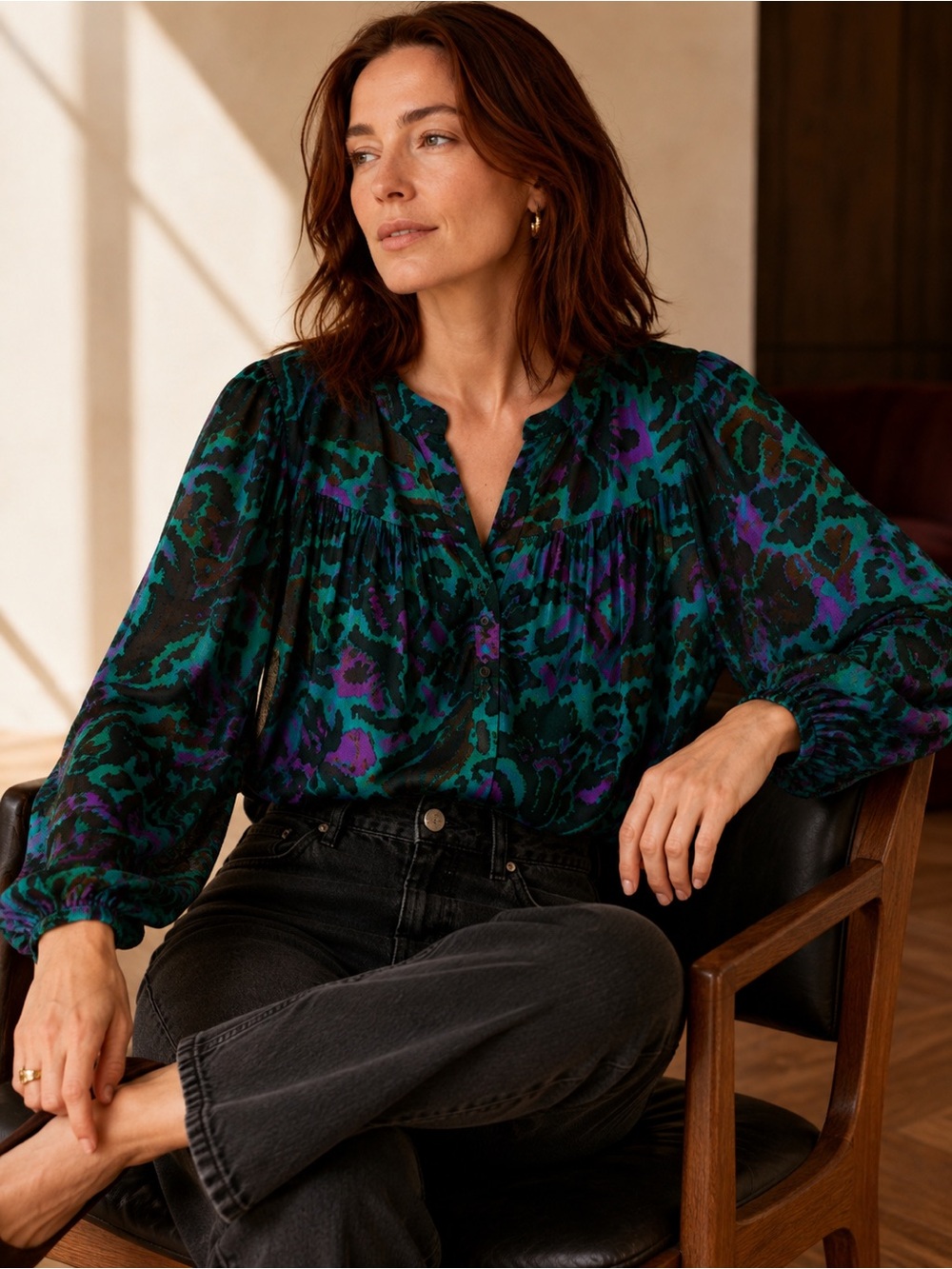 Velvet Graham Spencer Reeve Peasant Blouse Green Floral Small - Picture 6 of 16